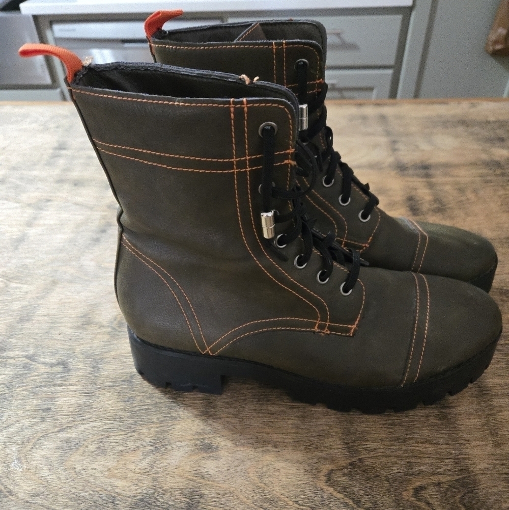 Stylish Green and Orange Lace-Up Boots Worn Once